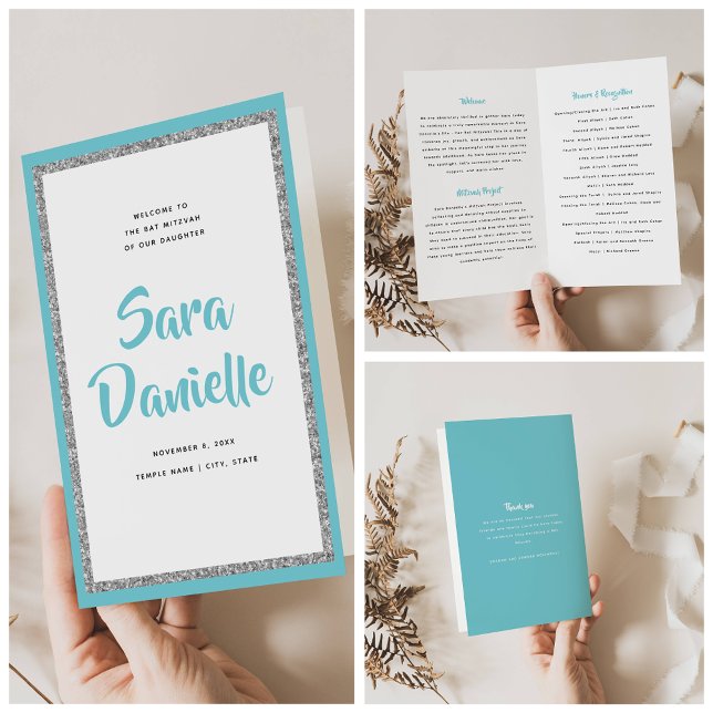 Glittery Silver & Blue Bat Mitzvah Folded Program Flyer (Creator Uploaded)