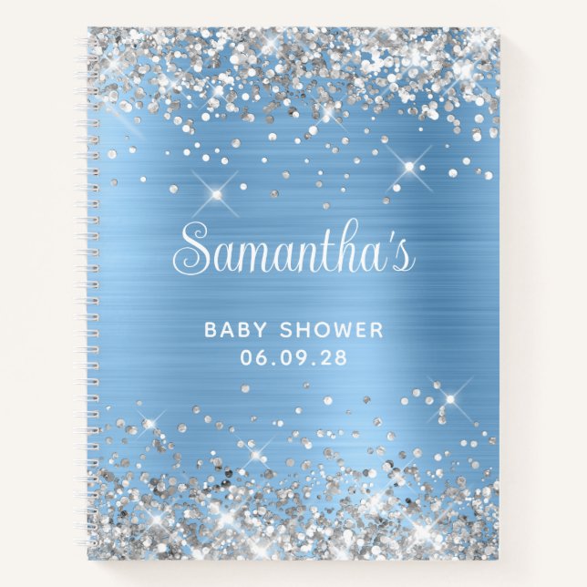 Glittery Silver Blue Foil Baby Shower Guest Notebook (Front)