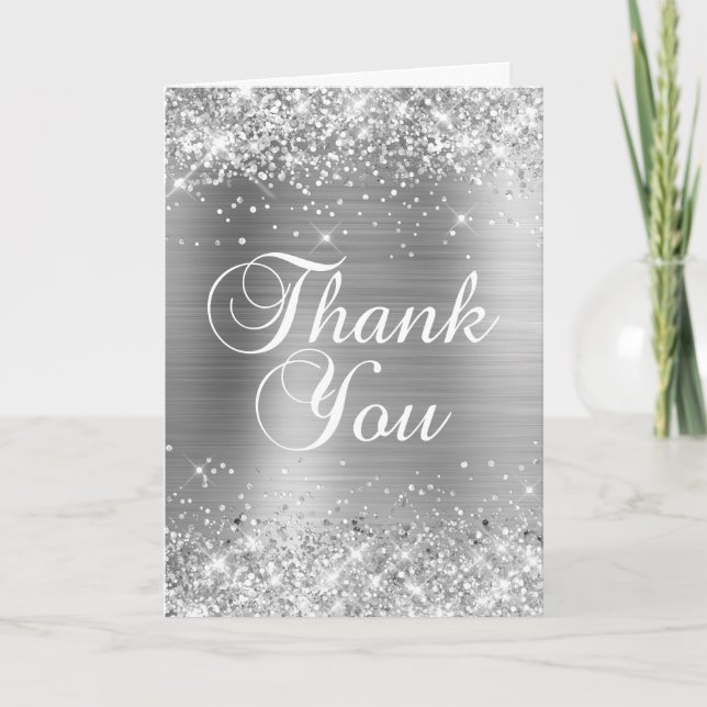 Glittery Silver Brushed Foil Classic Calligraphy Thank You Card (Front)