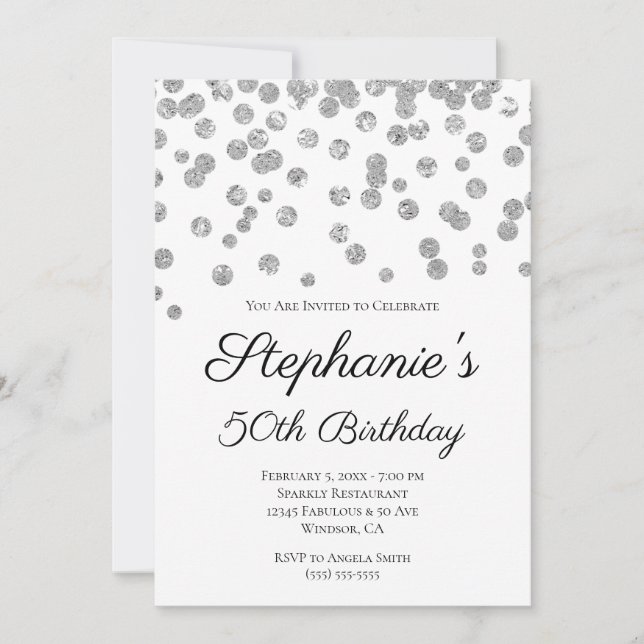 Glittery Silver Confetti Elegant 50th Birthday Invitation (Front)