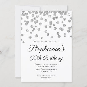 Glittery Silver Confetti Elegant 50th Birthday Invitation