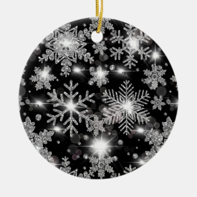 Glittery silver festive snowflake pattern  ceramic tree decoration (Front)