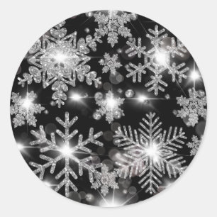 Glittery silver festive snowflake pattern classic round sticker