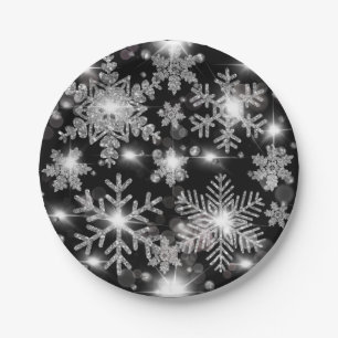 Glittery silver festive snowflake pattern paper plate