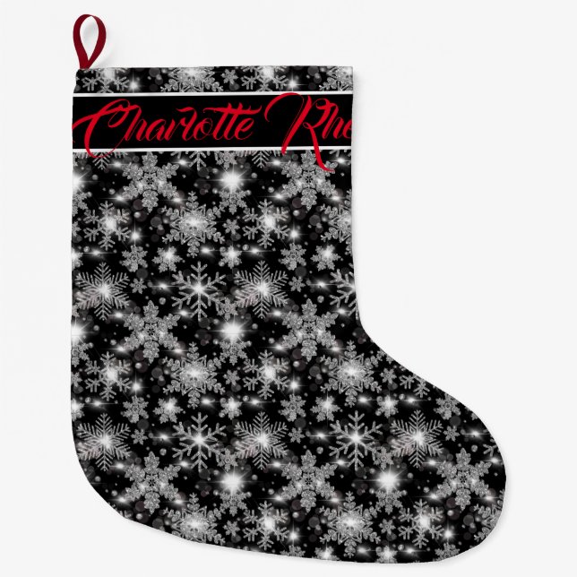 Glittery silver festive snowflakes pattern  large christmas stocking (Front)