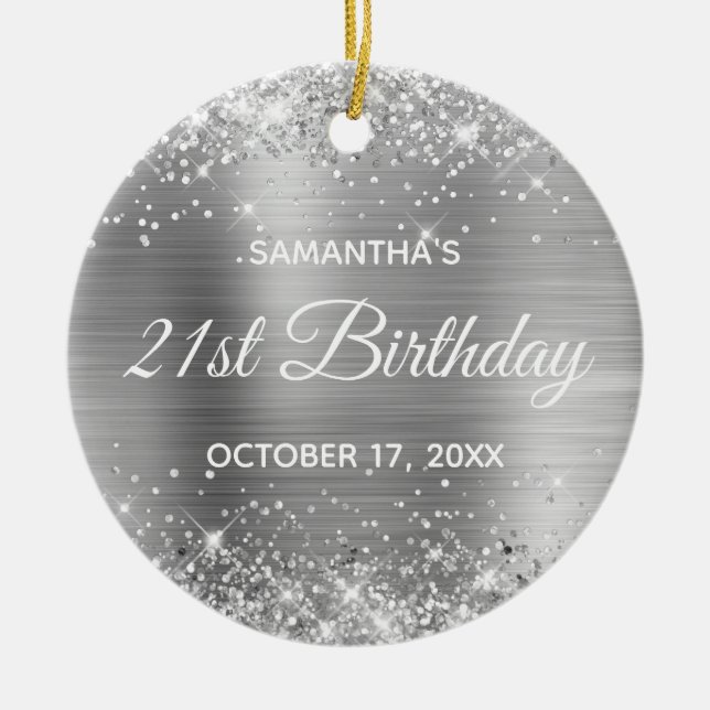 Glittery Silver Foil 21st Birthday Ceramic Tree Decoration (Front)