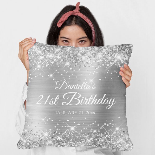 Glittery Silver Foil 21st Birthday Cushion (Glittery Silver Foil 21st Birthday Throw Pillow)