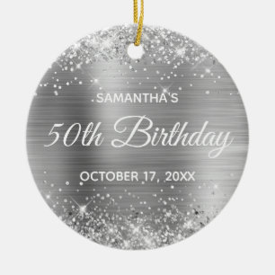 Glittery Silver Foil 50th Birthday Ceramic Tree Decoration