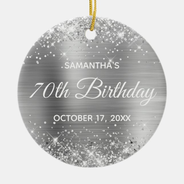 Glittery Silver Foil 70th Birthday Ceramic Tree Decoration (Front)