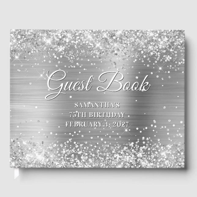 Glittery Silver Foil 75th Birthday Guest Book (Front)