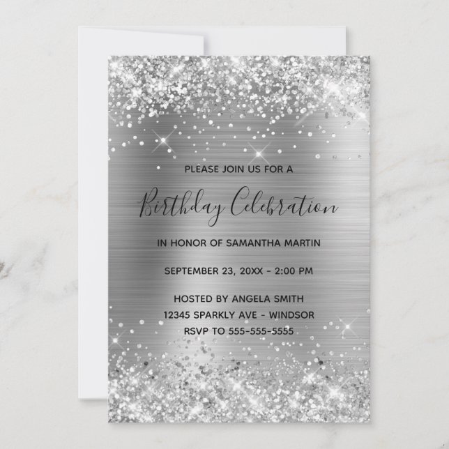 Glittery Silver Foil Birthday Celebration Invitation (Front)
