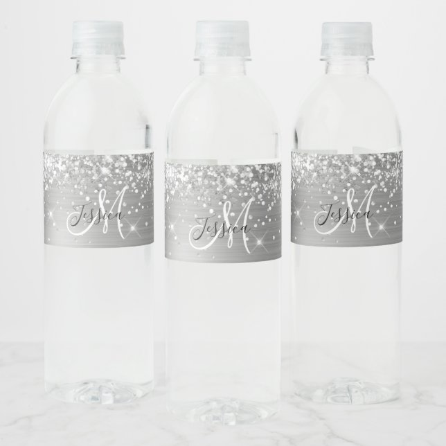 Glittery Silver Foil Black and White Monogram Water Bottle Label (Bottles)