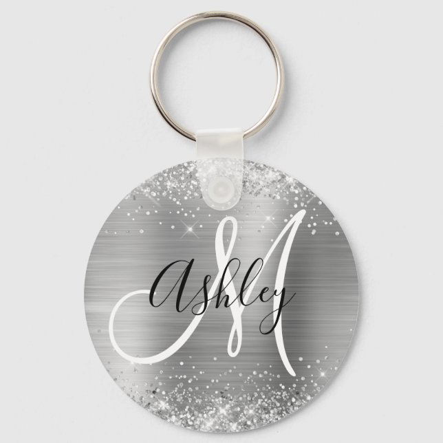 Glittery Silver Foil Black and White Monogrammed Key Ring (Front)