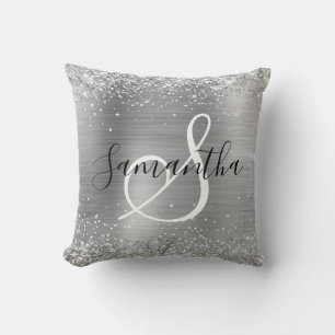 Glittery Silver Foil Elegant Monogrammed Cushion