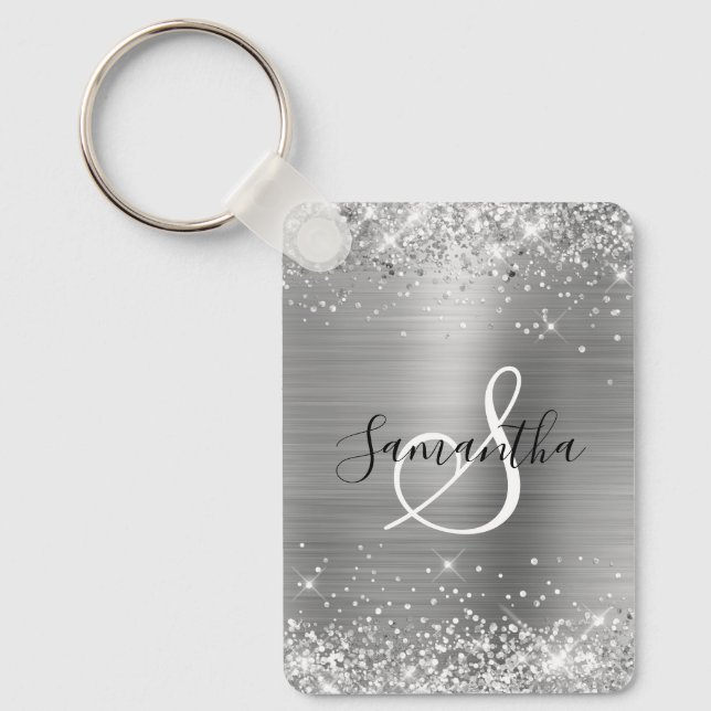 Glittery Silver Foil Elegant Monogrammed Key Ring (Front)