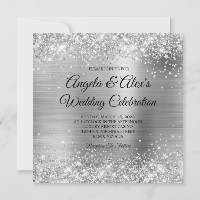 Glittery Silver Foil Elegant Wedding Invitation (Front)