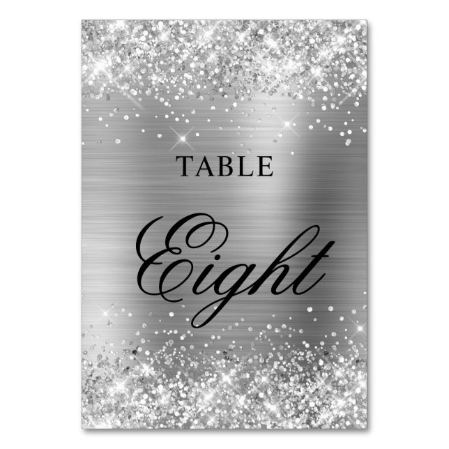 Glittery Silver Foil Fancy Classic Calligraphy Table Number (Front)