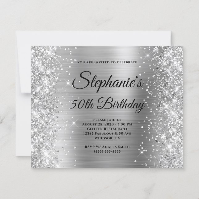 Glittery Silver Foil Fancy Monogram 50th Birthday (Front)