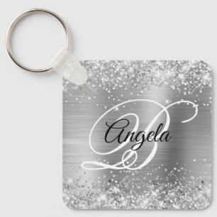 Glittery Silver Foil Fancy Monogram Key Ring