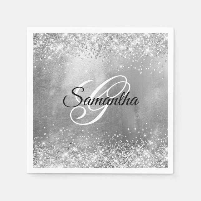 Glittery Silver Foil Fancy Monogram Napkin (Front)