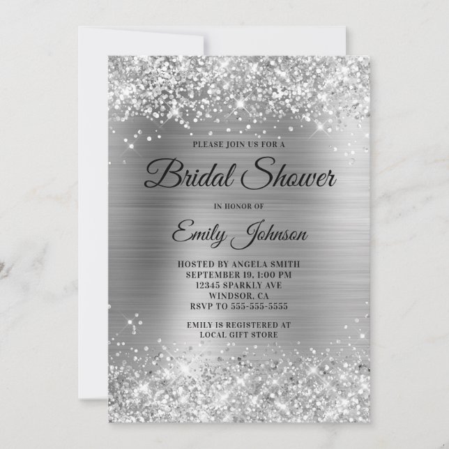 Glittery Silver Foil Fancy Script Bridal Shower Invitation (Front)