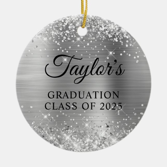 Glittery Silver Foil Graduation Ceramic Tree Decoration (Front)