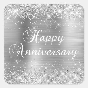 Glittery Silver Foil Happy Anniversary Square Sticker