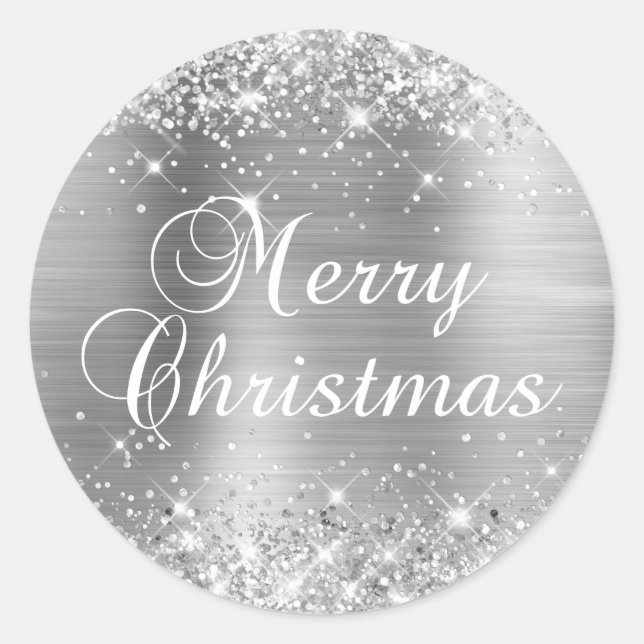 Glittery Silver Foil Merry Christmas Classic Round Sticker (Front)