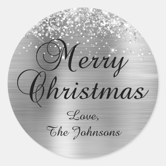 Glittery Silver Foil Merry Christmas Family Classic Round Sticker (Front)