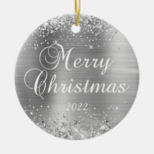 Glittery Silver Foil Merry Christmas Photo Ceramic Tree Decoration