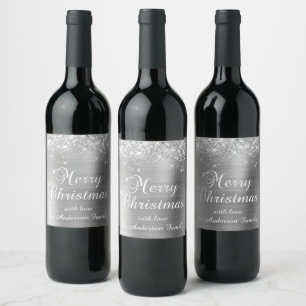 Glittery Silver Foil Merry Christmas Wine Label