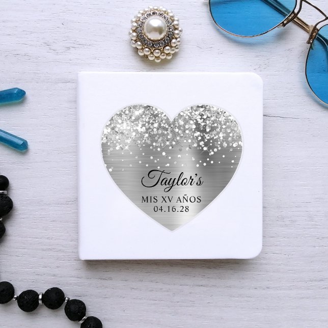 Glittery Silver Foil Mis XV Años Heart Shape (Silver Glitter Custom Heart Sticker)