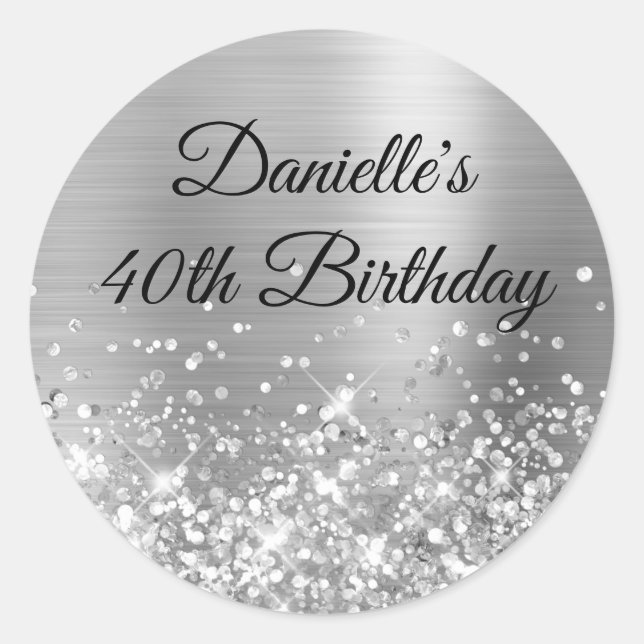 Glittery Silver Foil Modern 40th Birthday Classic Round Sticker (Front)