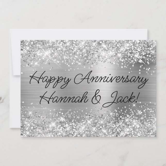Glittery Silver Foil Modern Happy Anniversary Card (Front)
