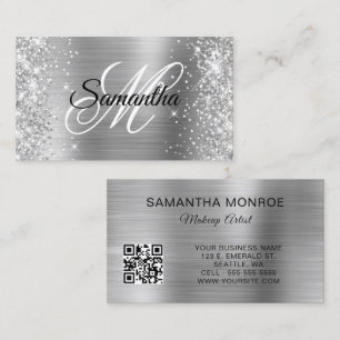 Glittery Silver Foil Monogram QR Code Business Card