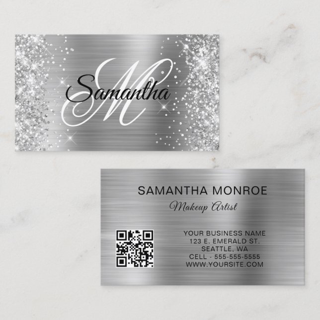 Glittery Silver Foil Monogram QR Code Business Card (Front/Back)