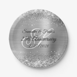 Glittery Silver Foil Monogrammed 25th Anniversary Paper Plate