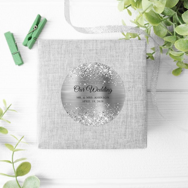Glittery Silver Foil Our Wedding Classic Round Sticker (Wedding Favor Stickers)
