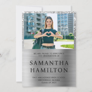 Glittery Silver Foil Photo Graduation Announcement
