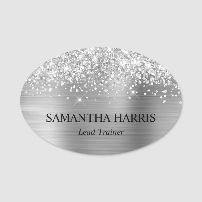 Glittery Silver Foil Rectangle Logo Name Tag (Front)