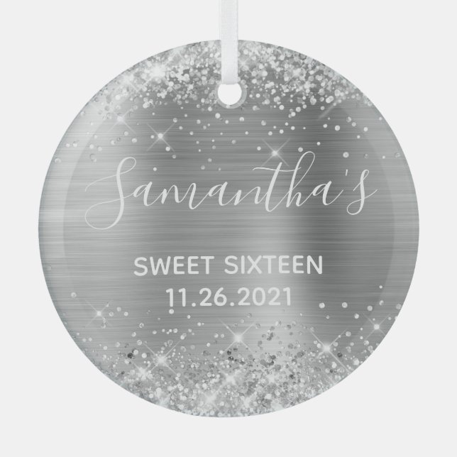 Glittery Silver Foil Sweet 16 Glass Tree Decoration (Front)