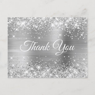 Glittery Silver Foil Sweet 16 Thank You Postcard