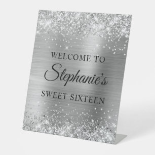 Glittery Silver Foil Sweet Sixteen Welcome Pedestal Sign