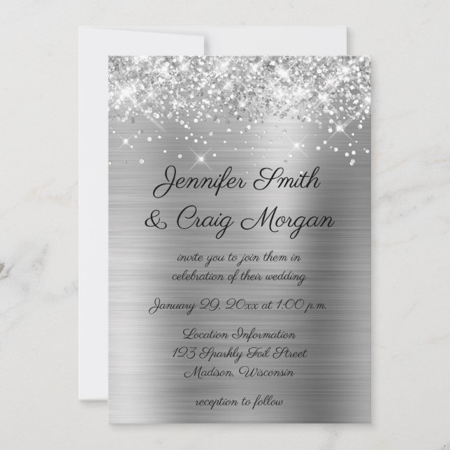 Glittery Silver Foil Wedding Invitation (Front)