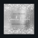 Glittery Silver Foil Wedding Save the Date Magnet<br><div class="desc">Create your own save the date photo magnet with the bride and groom's name and wedding date. 
The background features an artistic silver glitter and silver grey metallic ombre foil design that prints like a photo. 
Customise the font size as needed for longer or shorter names.</div>