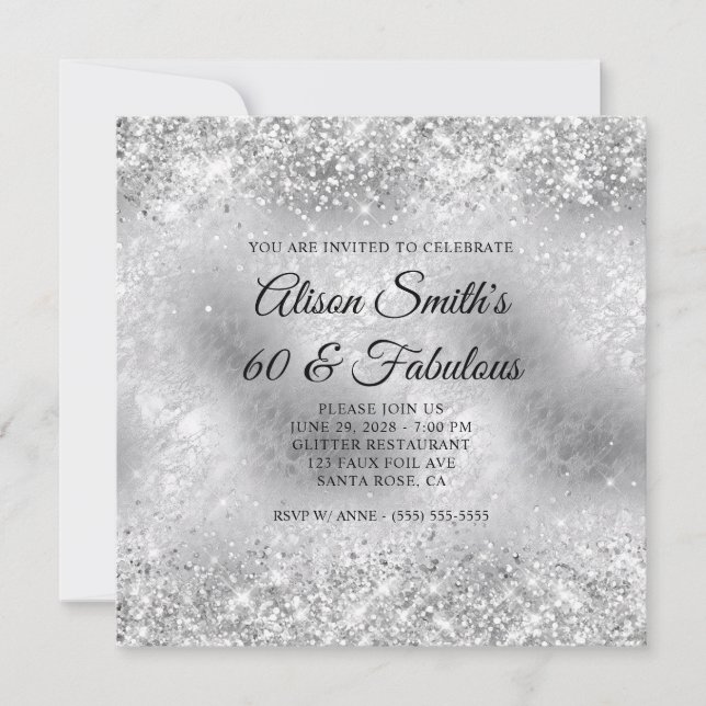 Glittery Silver Frosted Glass 60 & Fabulous Invitation (Front)