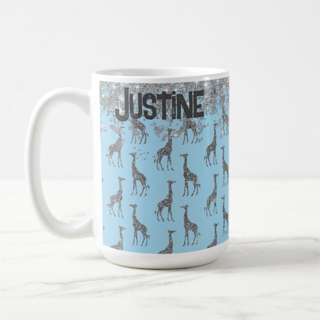 Glittery Silver Giraffe on Blue Personalised Coffee Mug (Left)