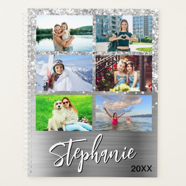 Glittery Silver Glam 14 Photo Collage Planner (Front)