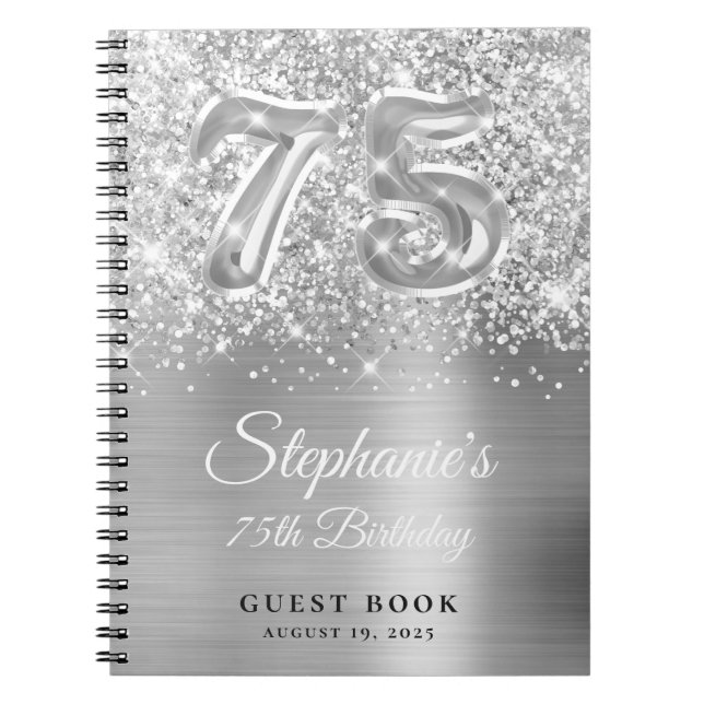 Glittery Silver Glam 75th Birthday Guestbook Notebook (Front)