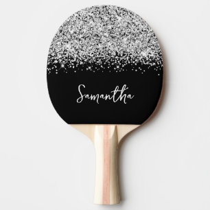 Glittery Silver Glam Black and White Name Ping Pong Paddle